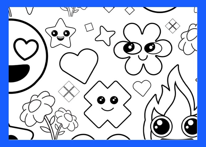 Children's coloring sheet featuring kawaii cartoon characters with hearts, stars, and flowers to color
