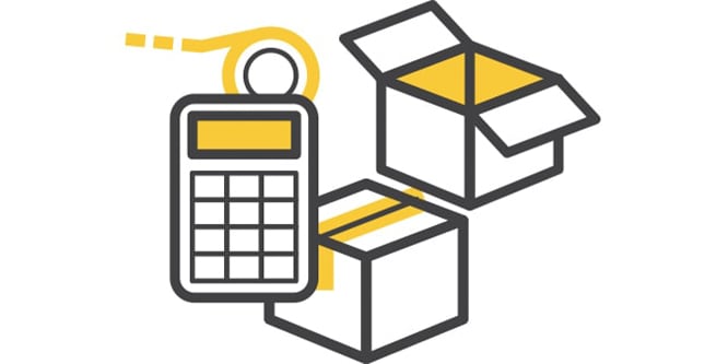 Icon of a black and yellow calculator, tape measure, and two boxes, one open and one closed.
