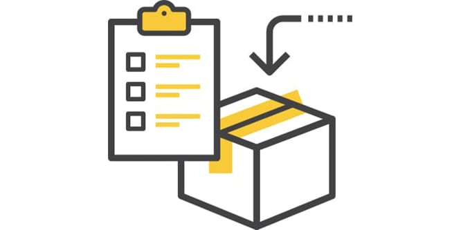 Icon of a checklist on a clipboard next to a cardboard box with an arrow indicating movement.
