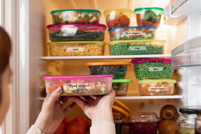 A person putting labeled leftovers into the fridge.
