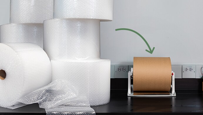 One 1,000-foot roll of Scotch™ Cushion Lock™ next to a stack of bubble wrap rolls taking up much more space.
