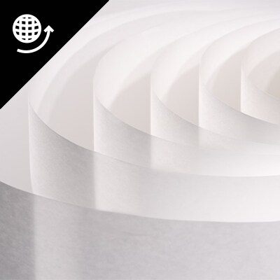  A zoomed in picture of a white paper roll unfurling. An Icon representing the Climate pillar in the top left: one arrow pointing around a globe icon.
