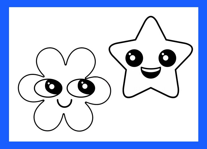 Kids printable DIY sticker activity sheet with kawaii smiling flower and star cut-out designs
