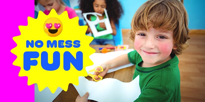 Child crafting at a table, smiling at the camera, with text overlay 