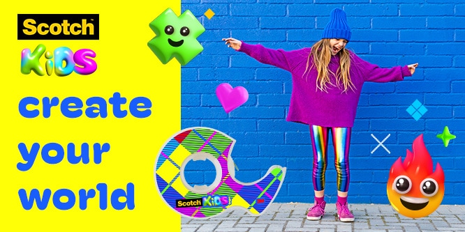 Child in colorful outfit against blue wall, surrounded by playful emojis and tape, with the text "Scotch Kids create your world."