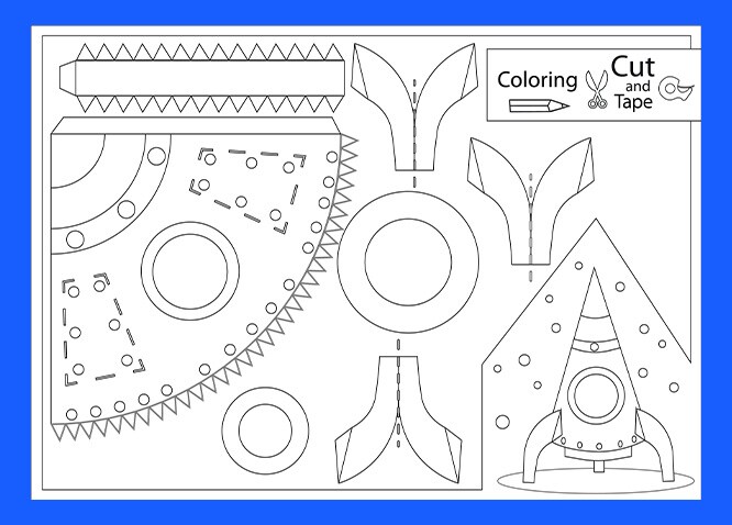 Children's color cut and tape printable activity page featuring rocket ship craft with dashed cut lines

