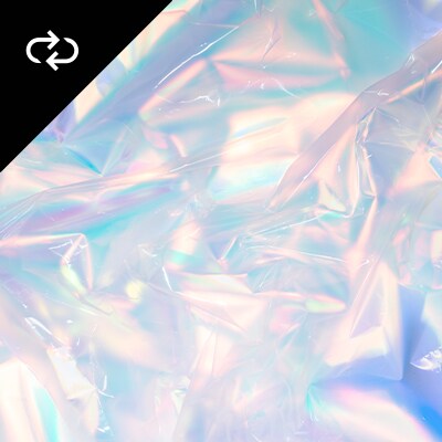 An irredescent film texture reflecting pink, blue and purple. An Icon representing the Circular pillar in the top left: two arrows pointing in a loop.
