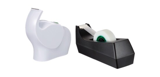 A standard black tape dispenser and a white elephant tape dispenser.
