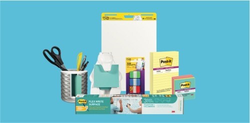 Une variété de produits de la marque Post-it®, y compris une surface effaçable à sec, des feuillets, un distributeur de feuillets et des onglets.
