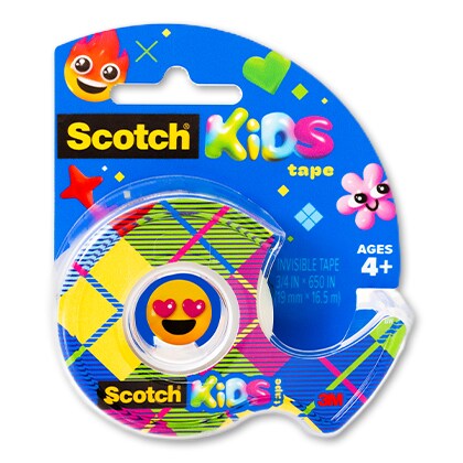 Scotch® Kids Tape in package with colorful plaid and playful emojis