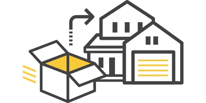 Icon of an open cardboard box with a yellow interior next to a house and garage icon, with an arrow pointing from box to house.
