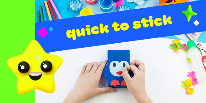 Hands crafting with colored paper, surrounded by art supplies. Overlayed text: 